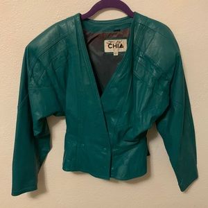 Vintage 80’s Green Chia Cropped Leather Motorcycle Jacket with Shoulder Pads